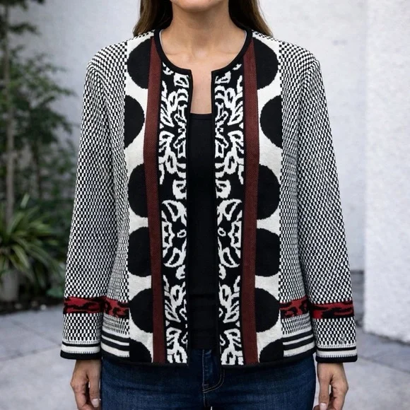 Chicos Sweater Cardigan Jacket Womens 2 US 12 Large Black Red Artsy Geometric - Picture 1 of 9